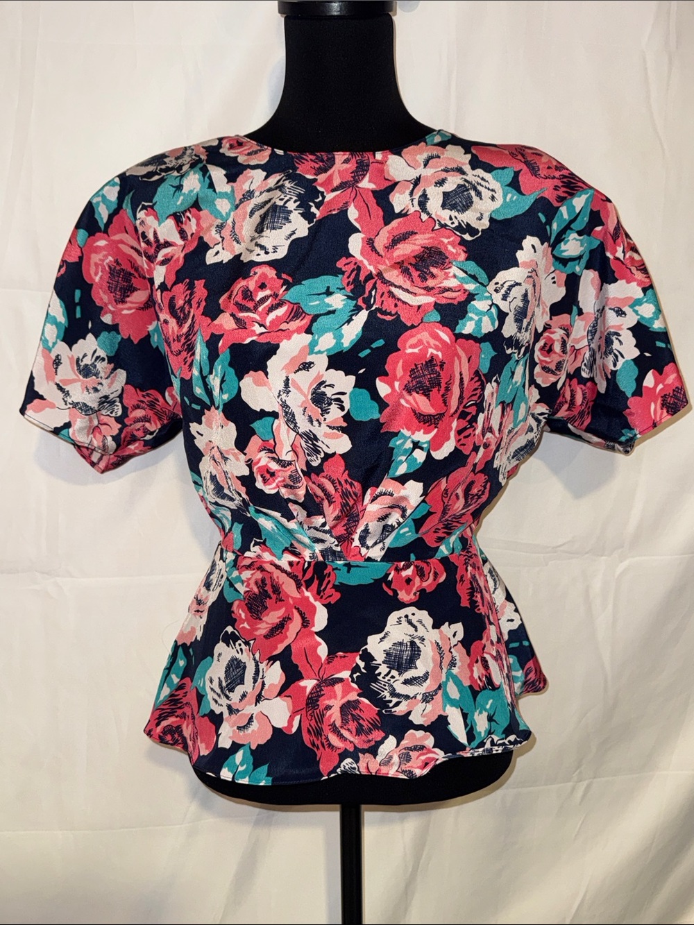 Jaclyn Smith Navy Floral Peplum Top with Pink and Teal Blooms